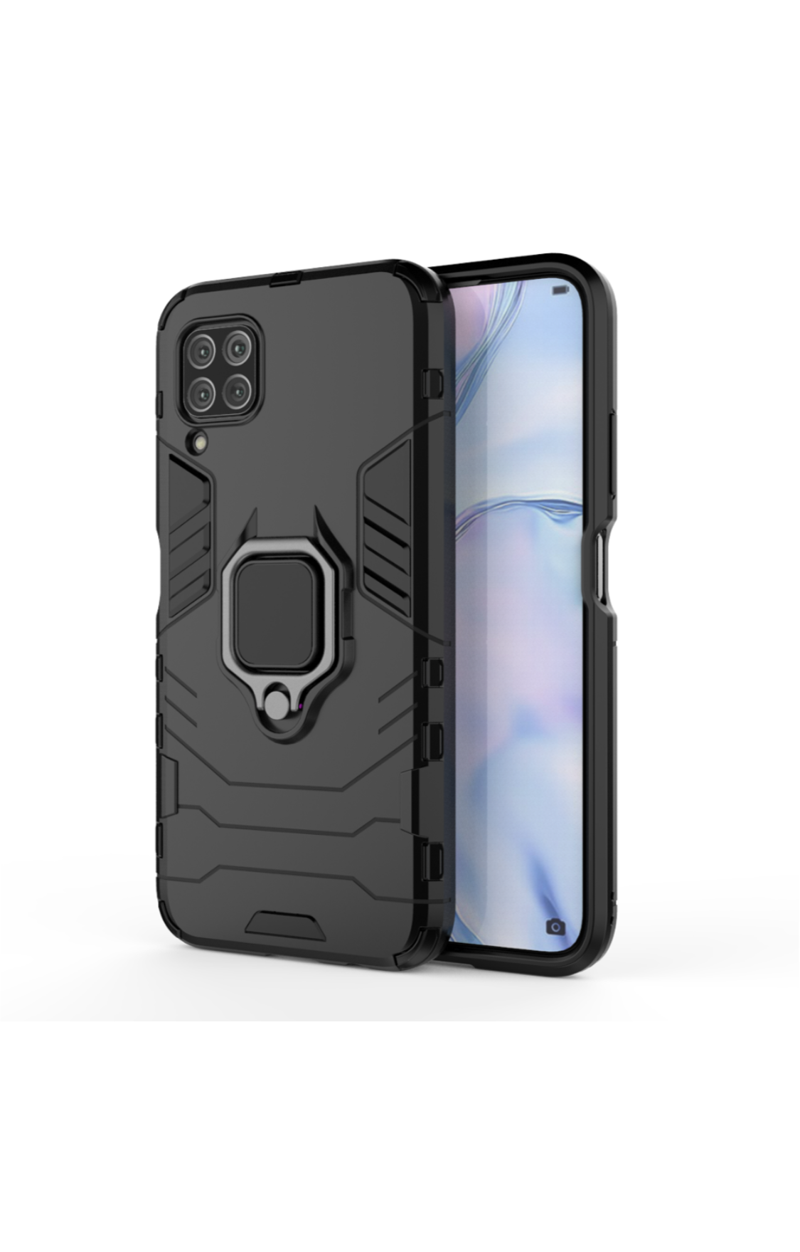 Huawei P40 Lite Shockproof Black Panther Magnetic Ring Stand Cover - Black