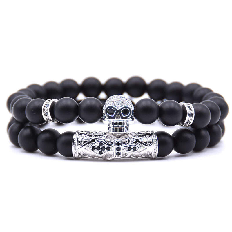Argent Craft Natural Black Matte Agate Stone Silver Skull & Ancient Scroll