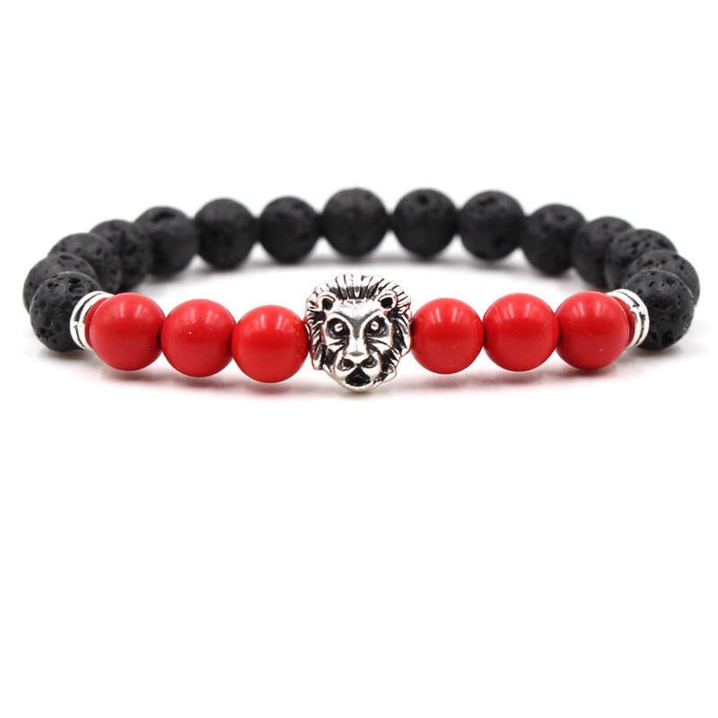 Argent Craft Natural Lava Stone & Red Coral Bracelet with Lion Head(Silver)