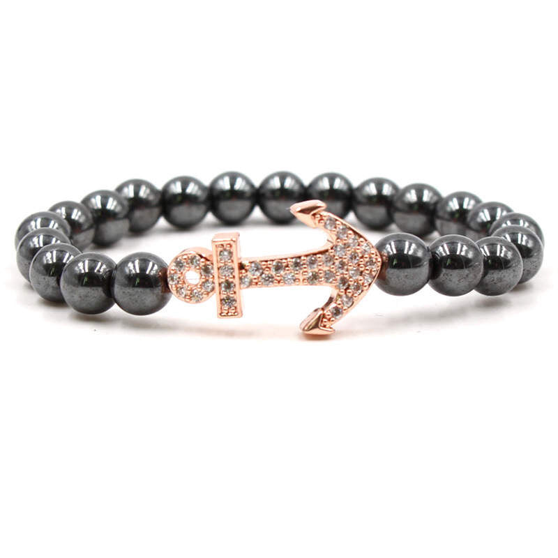Argent Craft Natural Shiny Black Agate Stone With Rose Gold Anchor and Zirconia