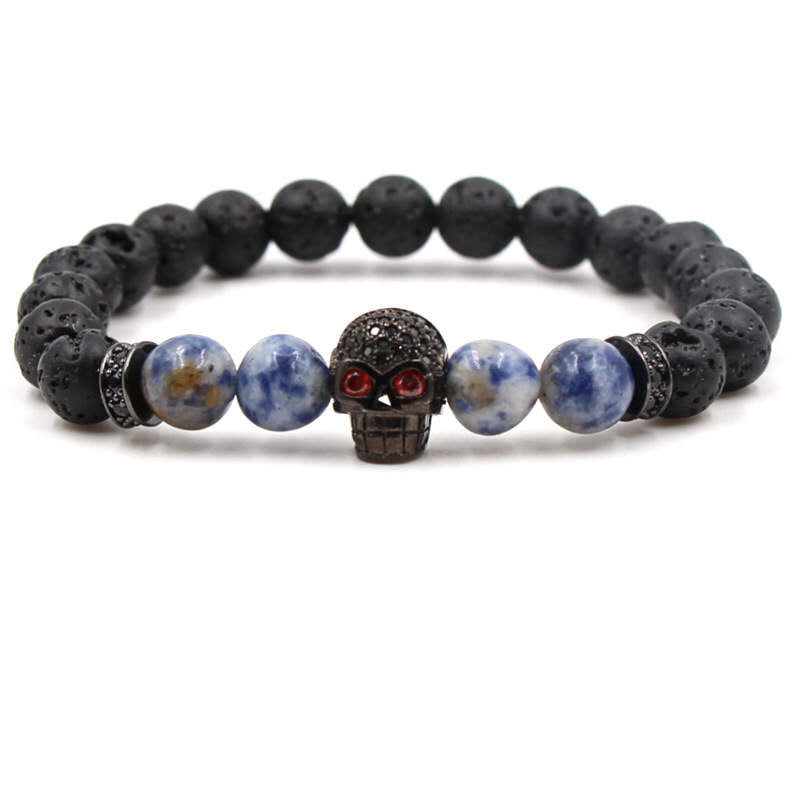 Argent Craft Natural Volcanic Stone and Blue/White Agate Bracelet With Skull