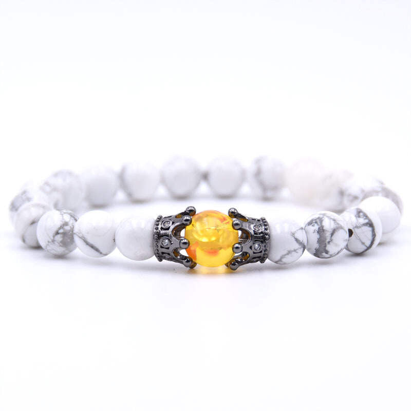 Argent Craft Natural White Howlite Stone Bracelet with Red/Yellow Amber and Two Crowns