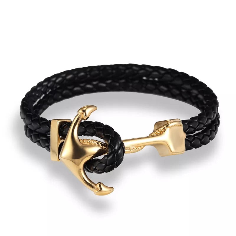 Argent Craft Double Layer Black Leather Anchor Bracelet (gold)