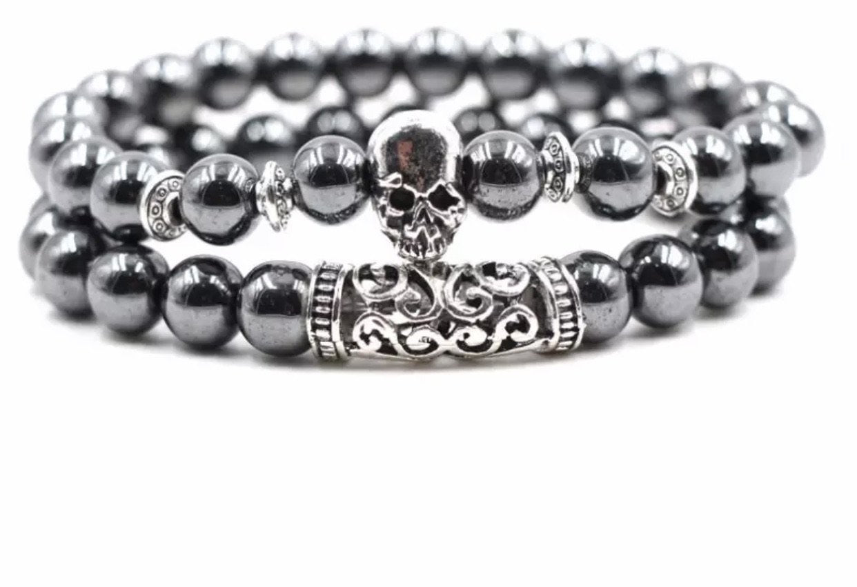 Argent Craft Hematite With Skull and Ancient Scroll Bracelet (silver)