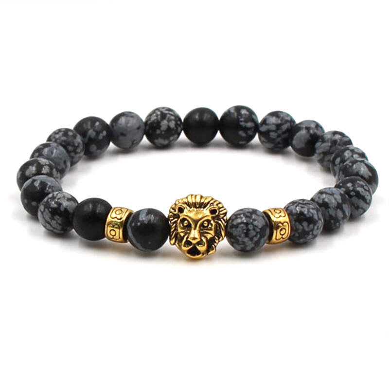 Argent Craft Natural Snowflake Obsidian Stone Bracelet with Lion Head (Gold)