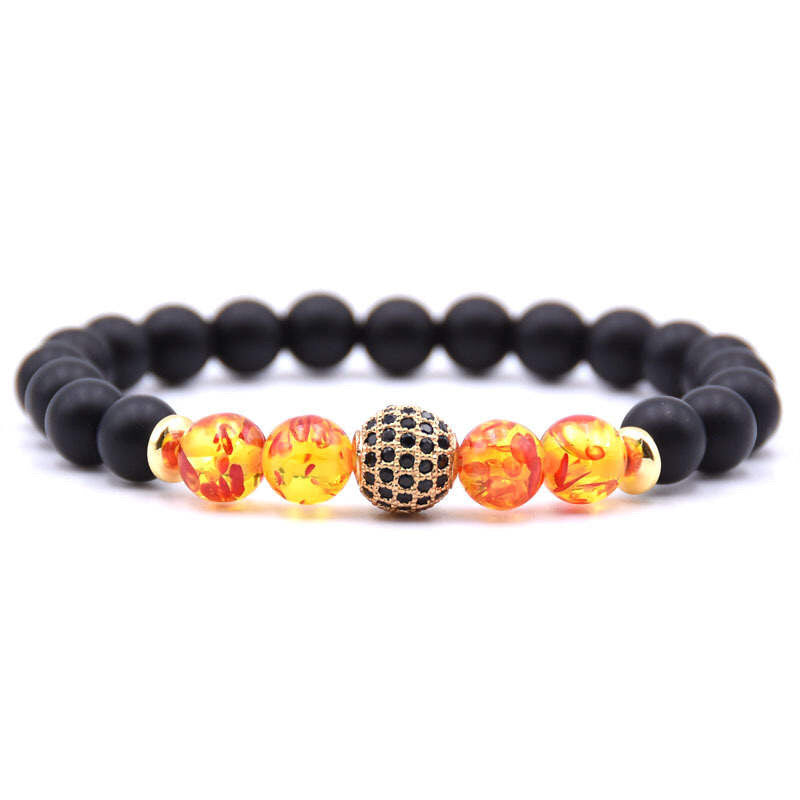 Argent Craft Natural Black Matte Agate With 4 Red/Yellow Amber Stone & Lucky Gold Ball