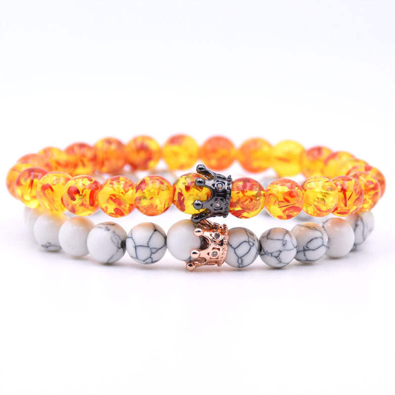 Argent Craft Natural Howlite Stone & Red/Yellow Amber Stone Couples Bracelet with Crowns