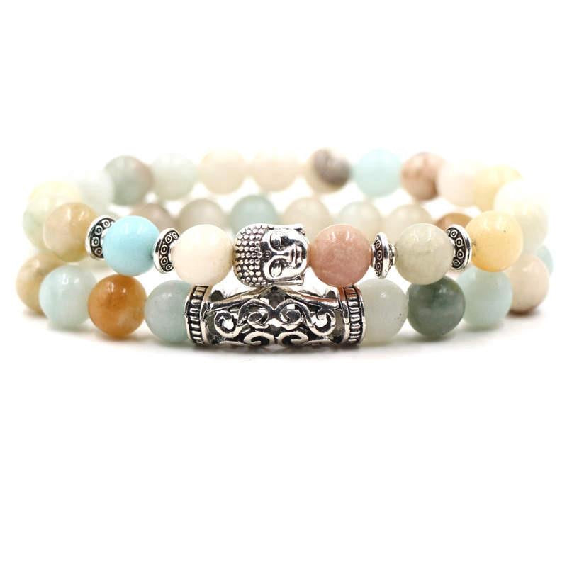 Argent Craft Mixed Healing Stone With Budhaa & Ancient Scroll Bracelet Set (Silver)