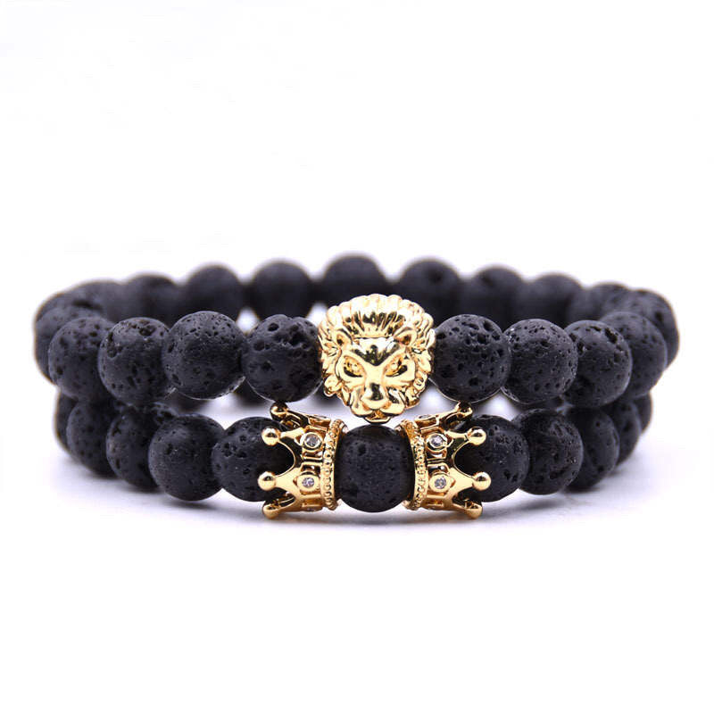 Argent Craft Natural Lava Stone Bracelet with Crowns & Lion Head (Gold)