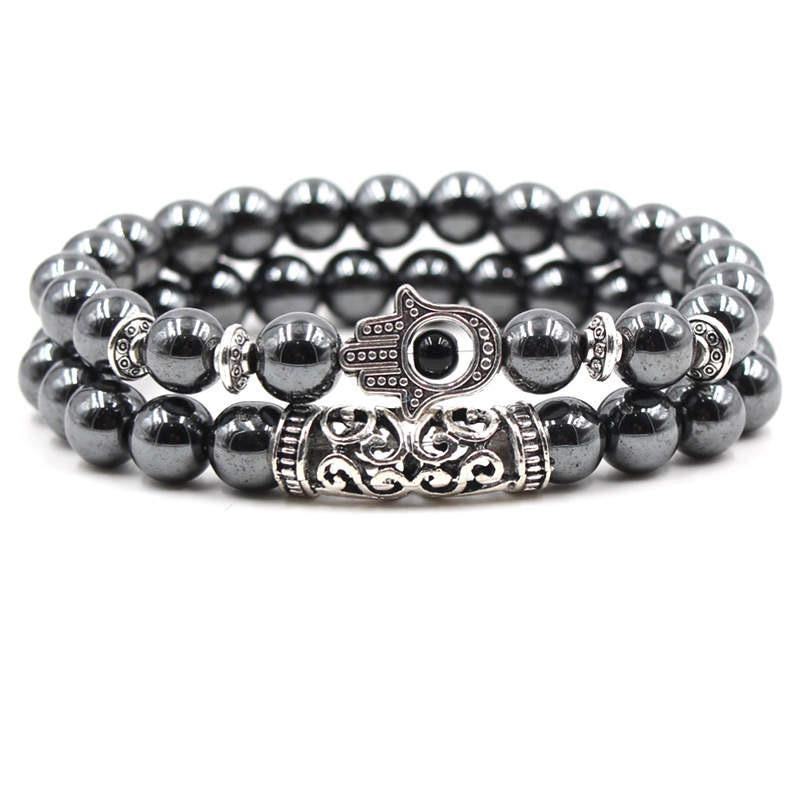 Argent Craft Hematite And Hamsa Hand With Scroll Protection Bracelet