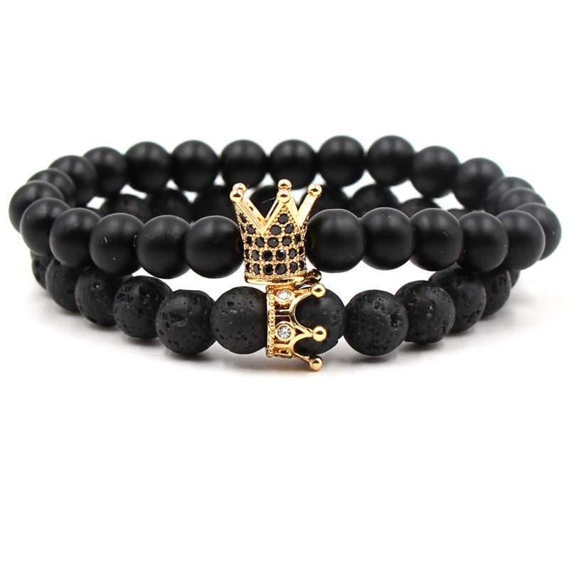 Argent Craft Natural Lava Stone & Black Matte Agate Stone Couples Bracelet with King and Queen Crown With Zirconia (Gold)