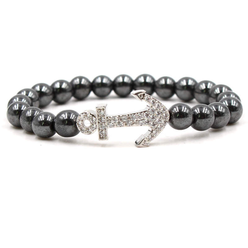 Argent Craft Natural Shiny Black Agate Stone With Silver Anchor and Zirconia