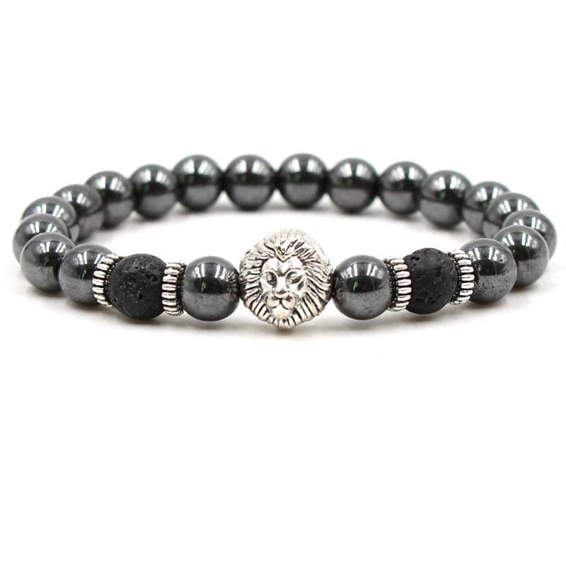 Argent Craft Hematite and Lava Stone Bracelet with Royalty Lion Head (silver)