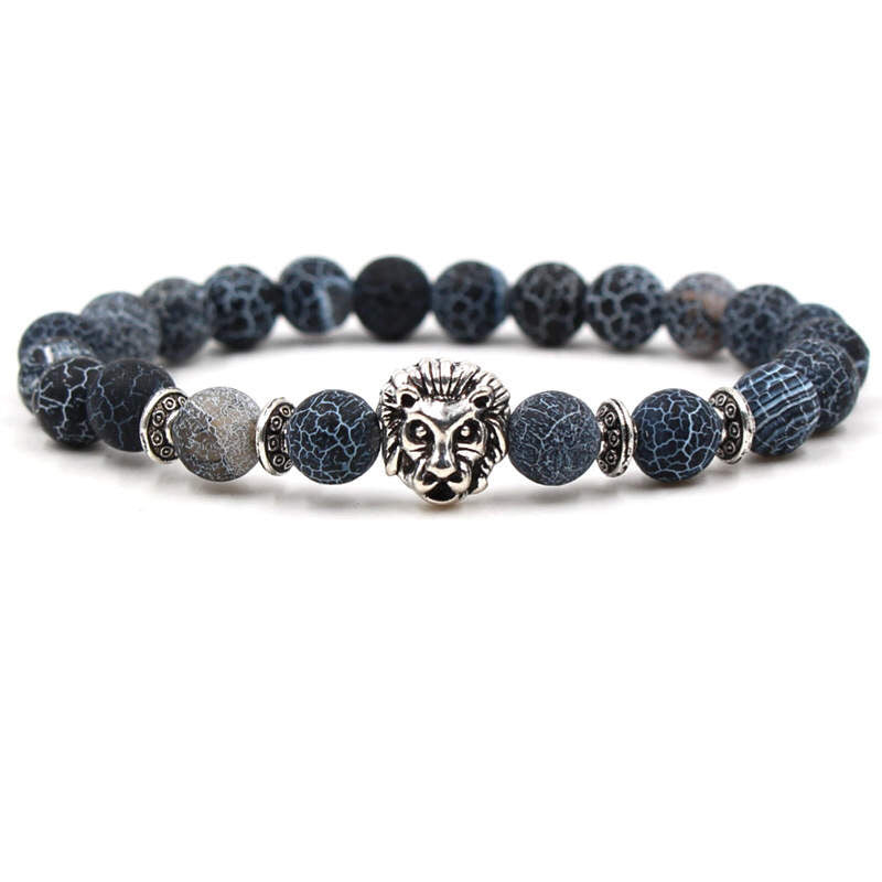 Argent Craft Natural Black & White Agate Stone Bracelet with Lion Head(Silver)