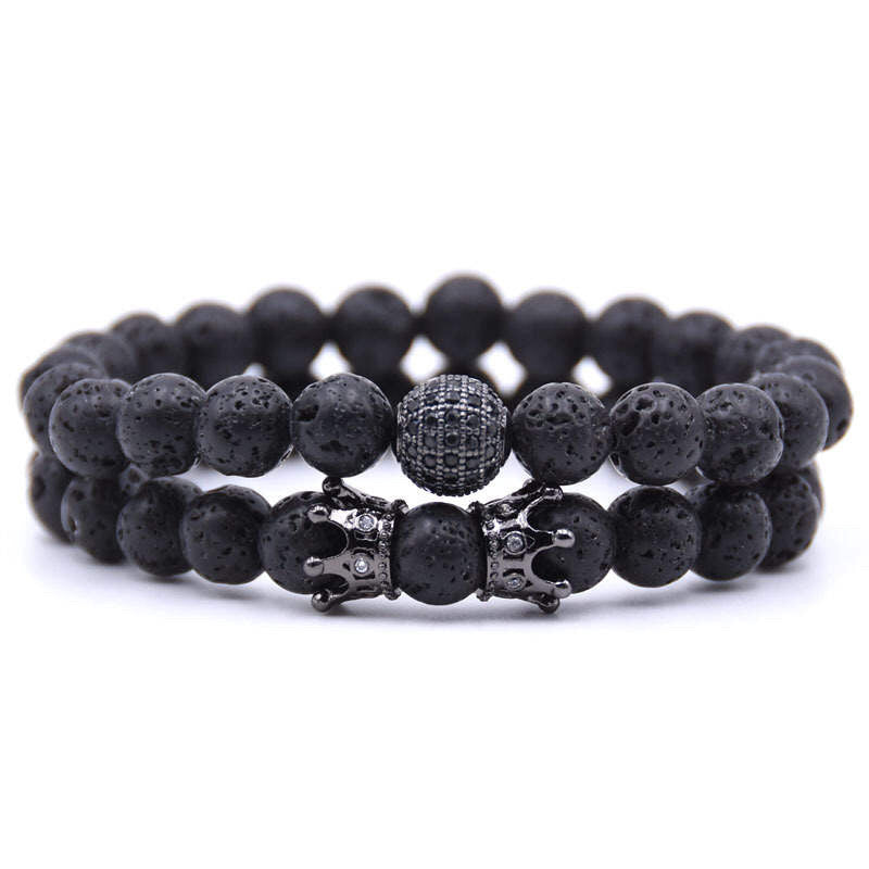 Argent Craft Natural Lava Stone Bracelet with Crowns & Lucky Black Ball