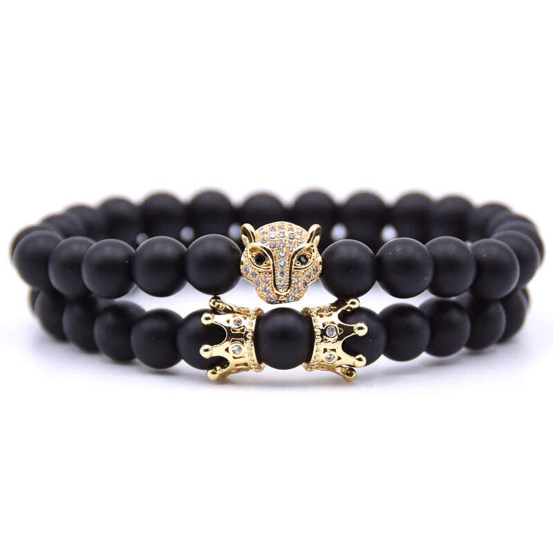 Argent Craft Natural Black Matte Agate Stone Bracelet with Crowns & Cheetah (Gold)
