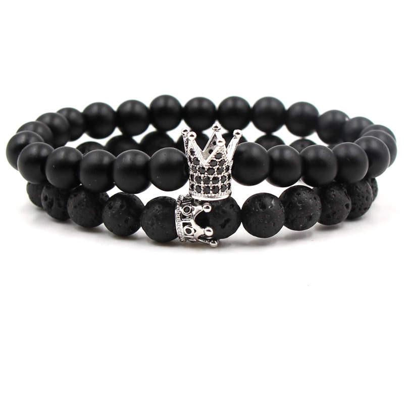 Argent Craft Natural Lava Stone & Black Matte Agate Stone Couples Bracelet with King and Queen Crown With Zirconia (Silver)