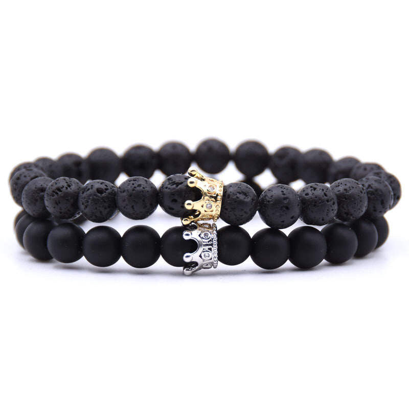 Argent Craft Natural Volcanic Stone & Black Matte Agate Stone Couples Bracelet with Crowns