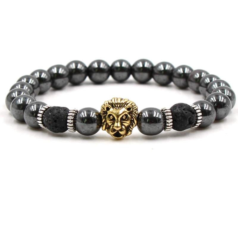 Argent Craft Hematite and Lava Stone Bracelet with Lion Head (gold)