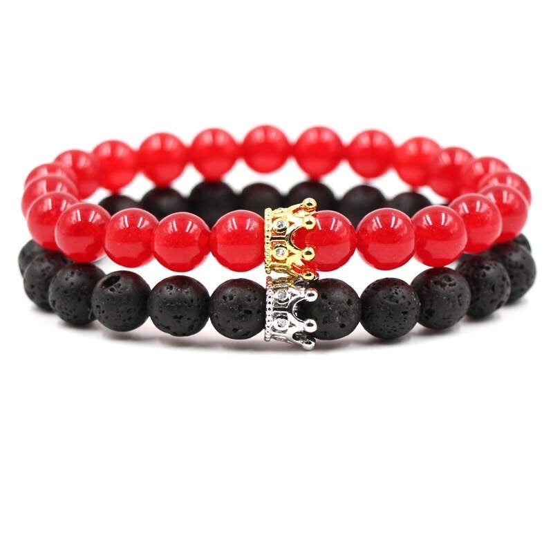 Argent Craft Natural Lava Stone & Red Coral Couples Bracelet with Crowns