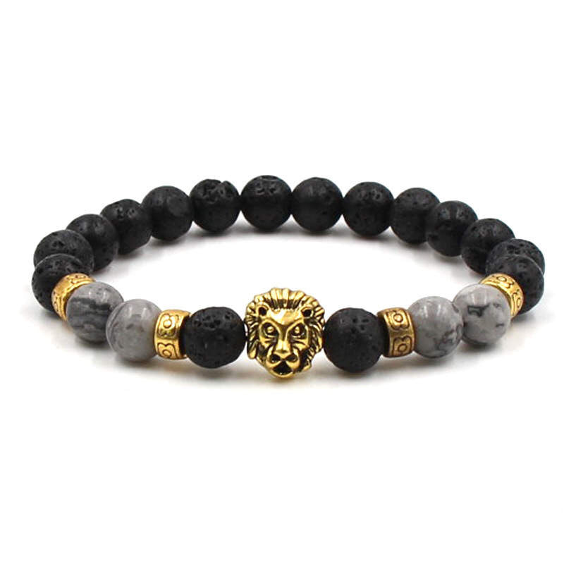 Argent Craft Natural Lava Stone & Magnesite Bracelet with Lion Head(Gold)