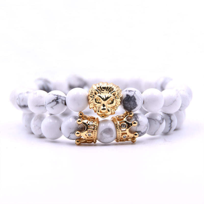 Argent Craft Natural White Howlite Bracelet with Crowns & Lion Head (Gold)