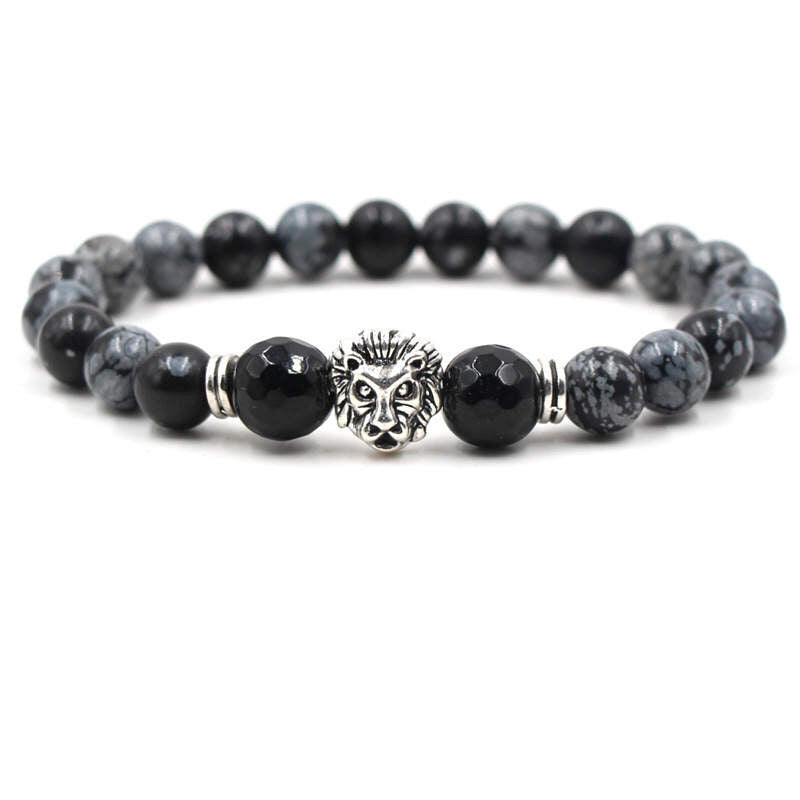 Argent Craft Natural Snowflake Obsidian & Black Onyx Bracelet with Lion Head (Silver)