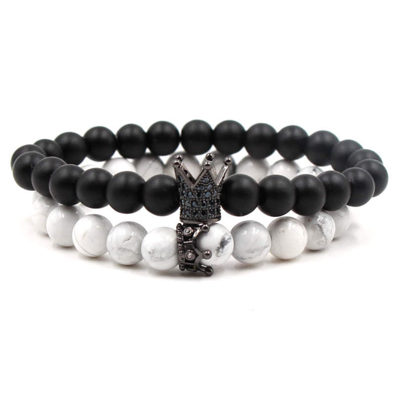 Argent Craft Natural White Howlite Stone & Black Matte Agate Stone Couples Bracelet with Crowns (Black)