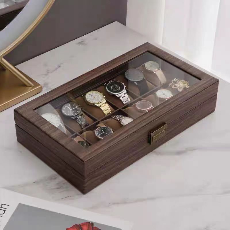 12 Slot Watch Box Organizer Wood-Look PU Leather with Glass Top