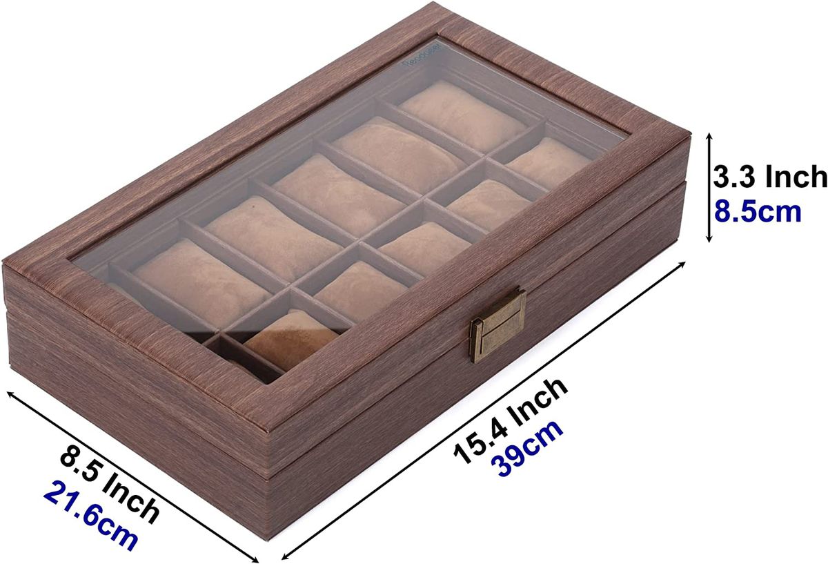 12 Slot Watch Box Organizer Wood-Look PU Leather with Glass Top